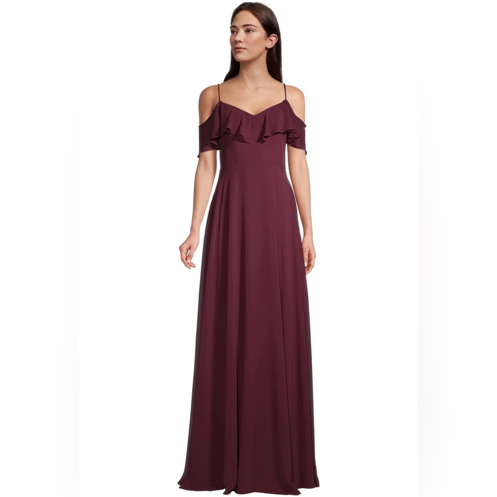Bill Levkoff Wine Red Off Shoulder Bridesmaid Dress